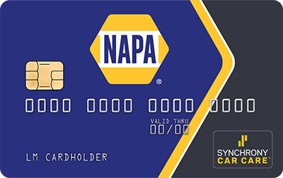 Blue NAPA Sync car care card with gold hexagon logo and chip, white number placeholders, and dark yellow stripe
