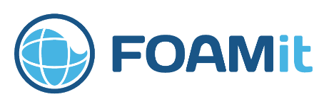 Logo for FOAMit, featuring a globe icon in a blue circle next to the word FOAMit in blue.