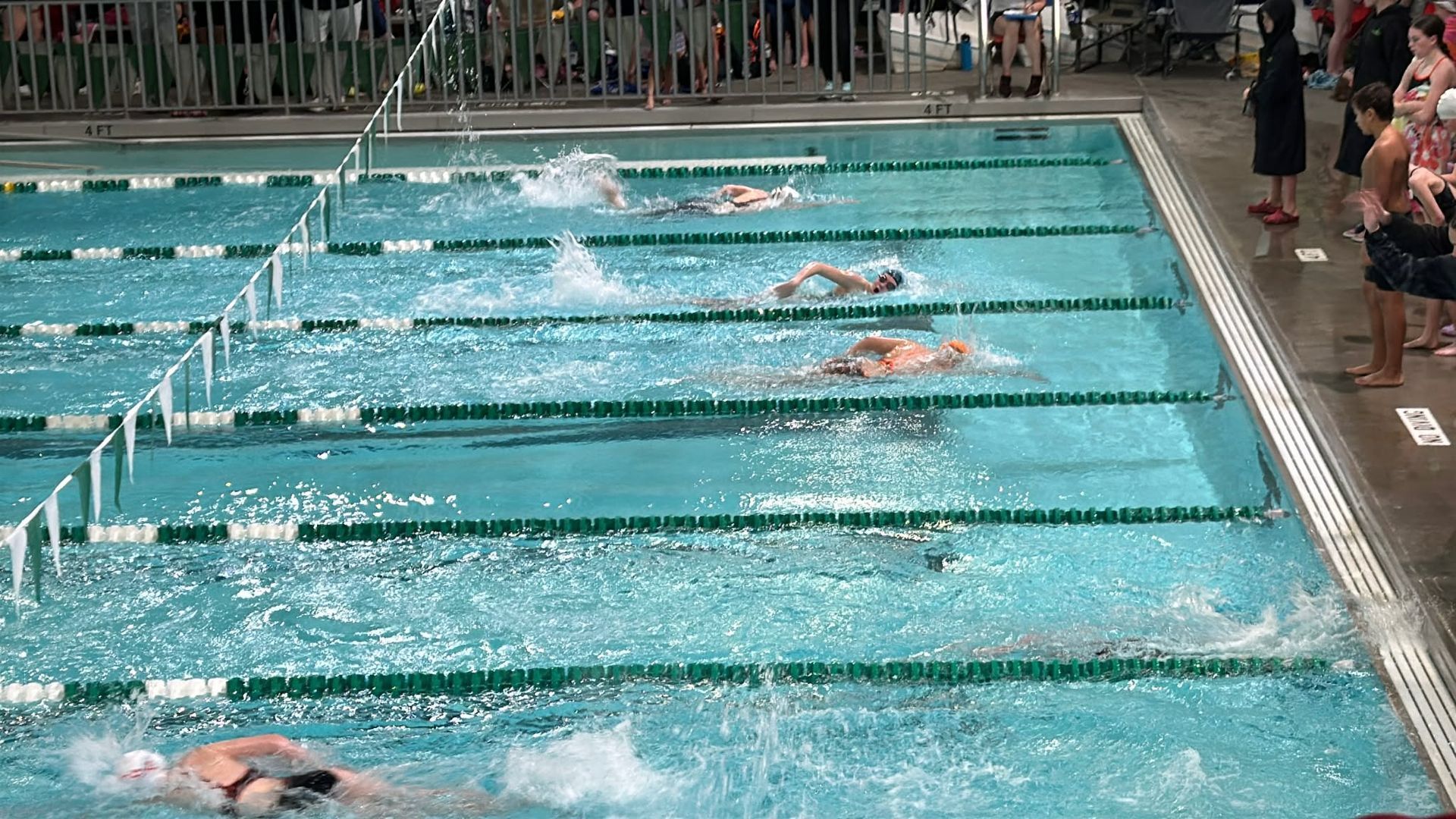 Swimmers in a pool competing, splashing water. Green and white lanes.
