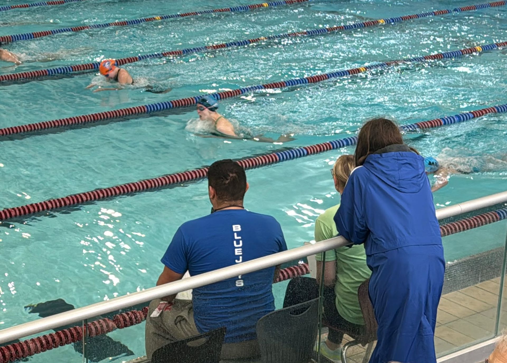 People watching a swim meet: swimmers in the pool, people in spectator area.