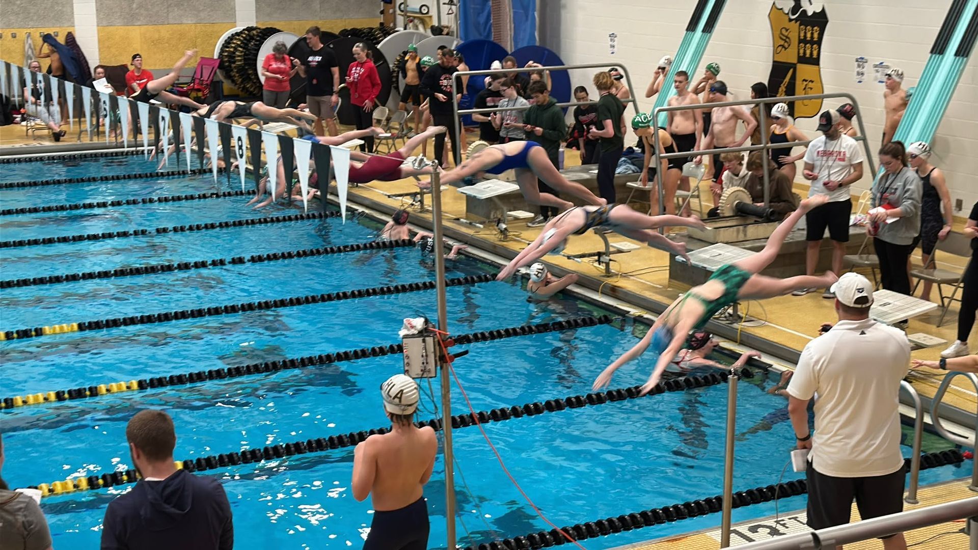 Swimmers diving into a pool from starting blocks during a competition, with spectators watching.
