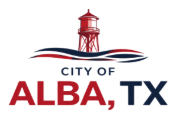 The city of alba logo is a map of texas