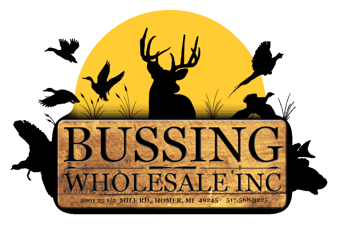 A logo for bussing wholesale inc with a deer and birds