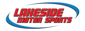 The logo for lakeside motor sports is red and blue