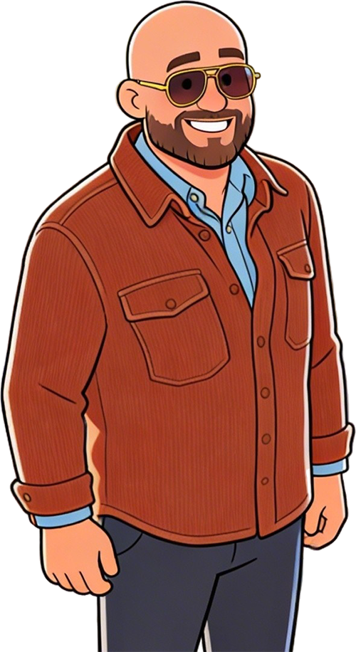 Smiling bald man with beard and sunglasses wearing a rust jacket over a blue shirt and dark pants