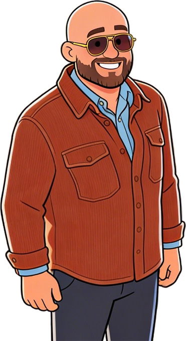 Smiling bald man with sunglasses in an orange jacket and blue shirt, standing against a white background