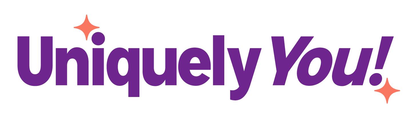 Purple “Uniquely You!” logo with sparkles on a white background
