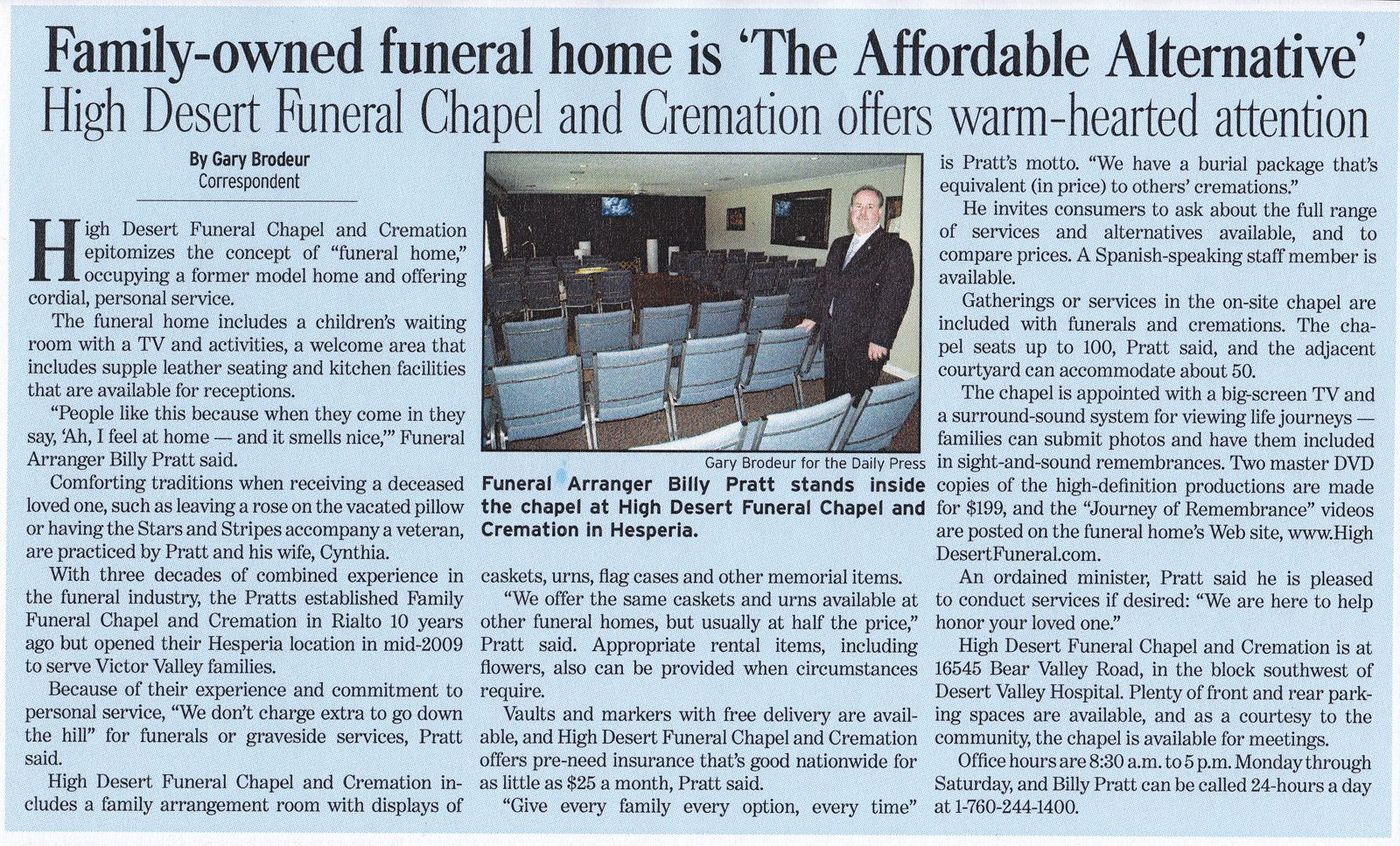 Newspaper article about family-owned funeral home “The Affordable Alternative,” with small funeral scene photo