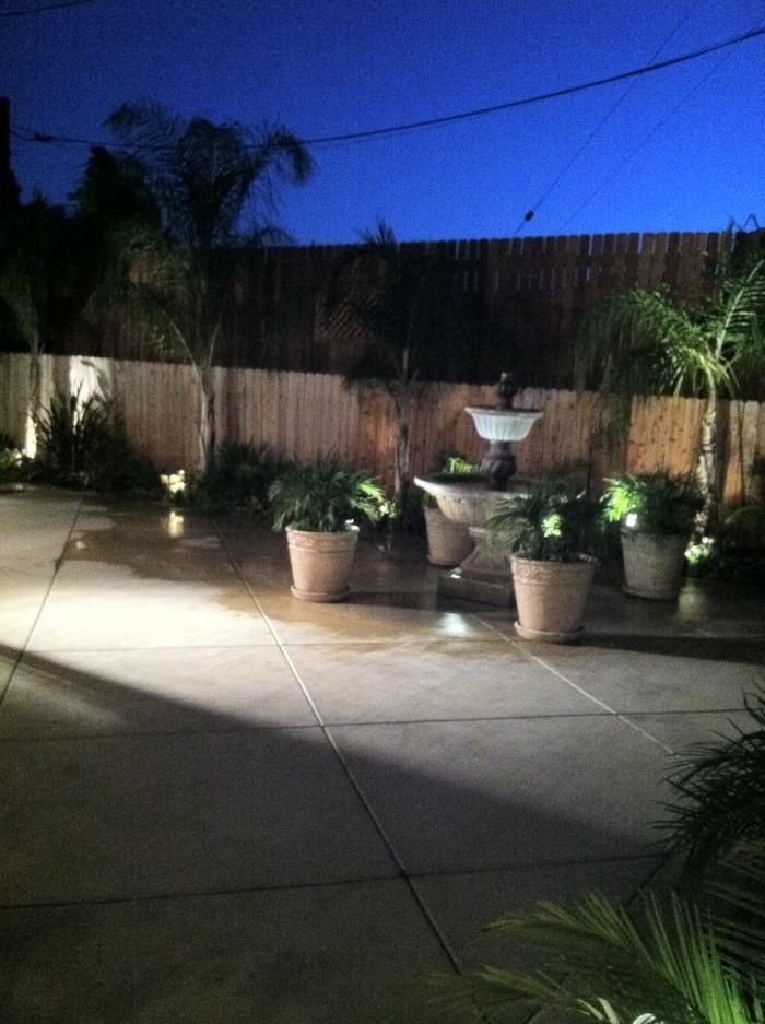 Patio at dusk with potted plants, a fountain, and landscape lighting against a wooden fence.