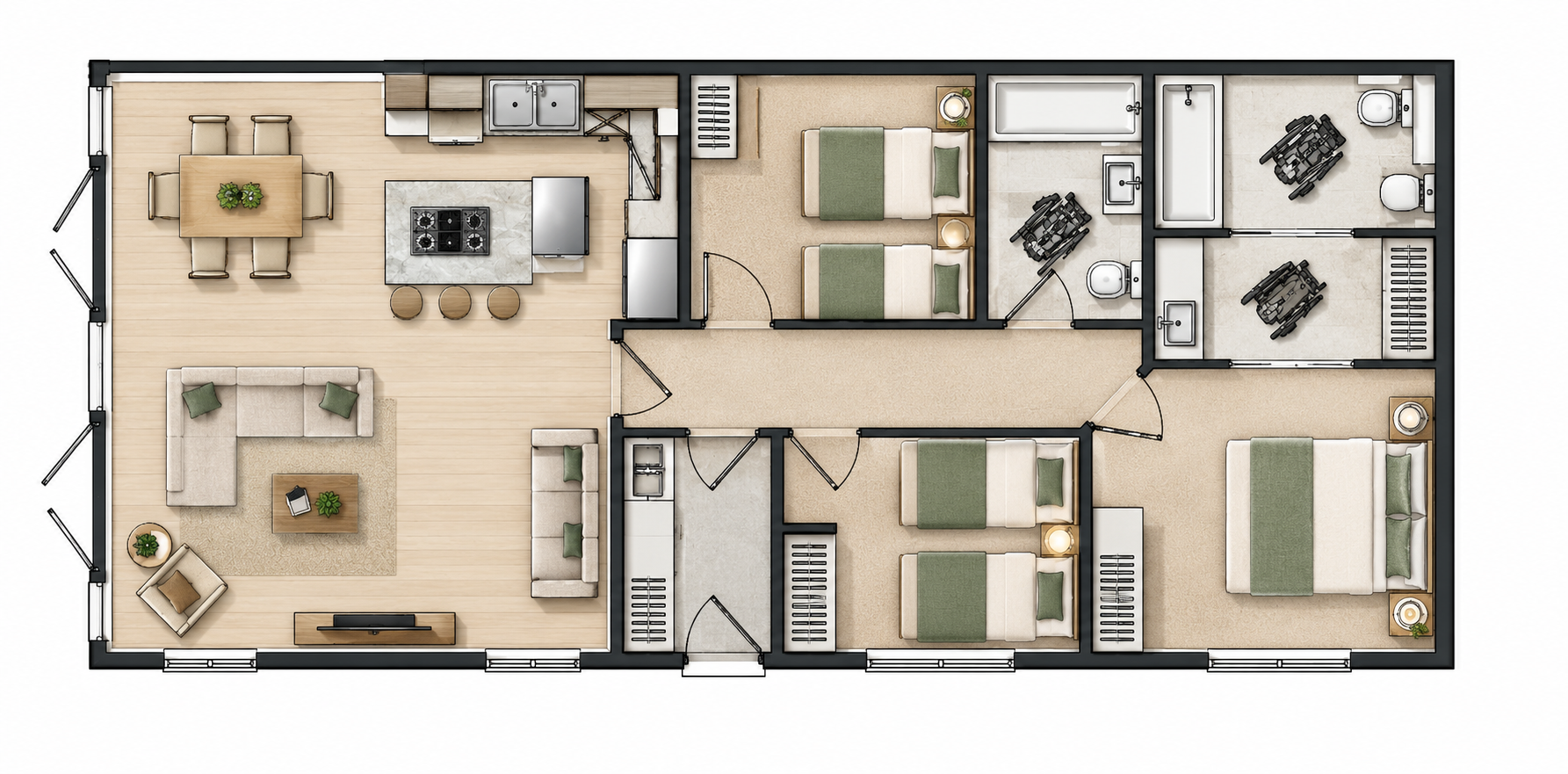 3 Bedroom Lodge floor plan with accessible features annotated