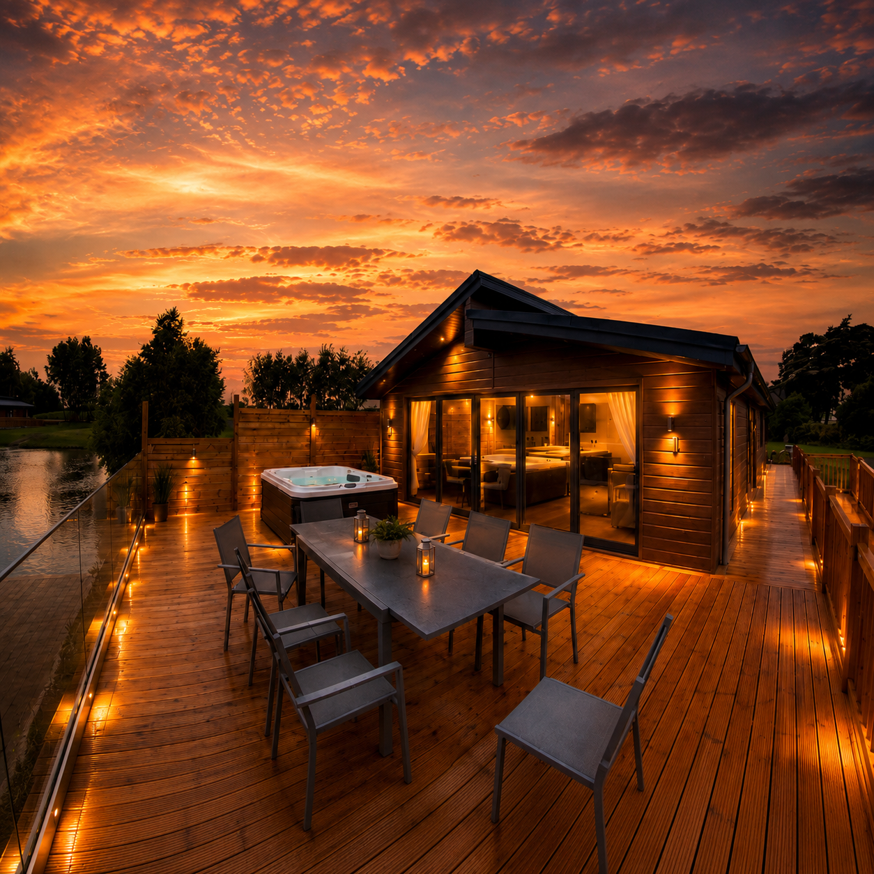 4 bedroom lodge exterior at golden hour with lake view