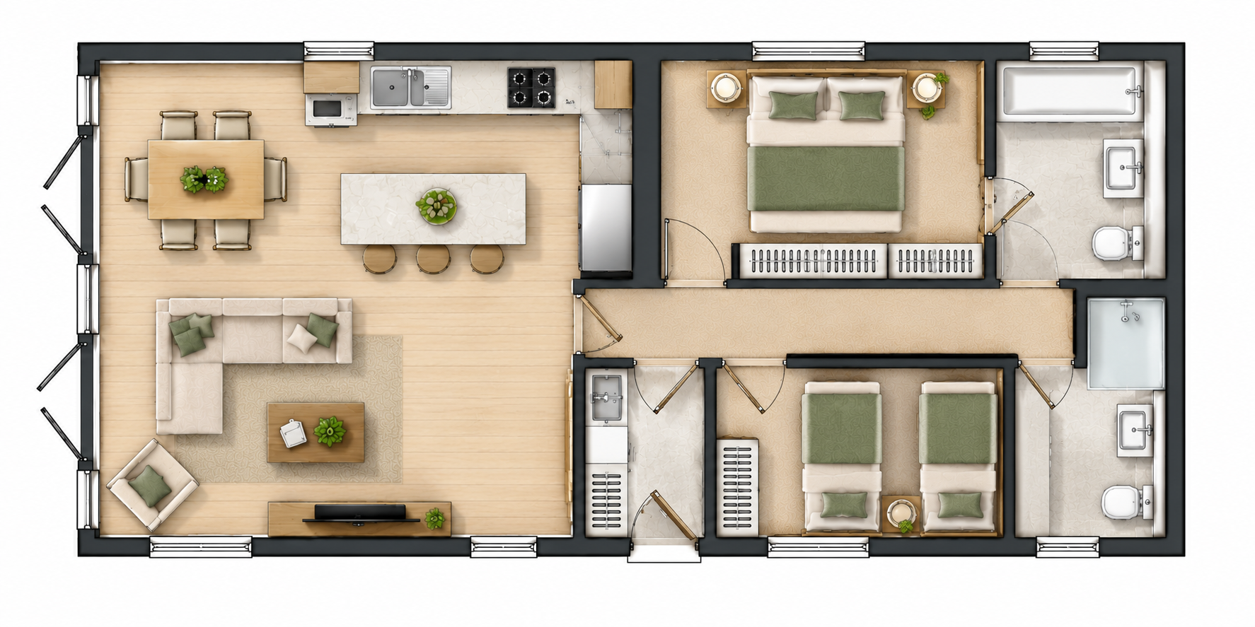 2 Bedroom Lodge floor plan with accessible features annotated