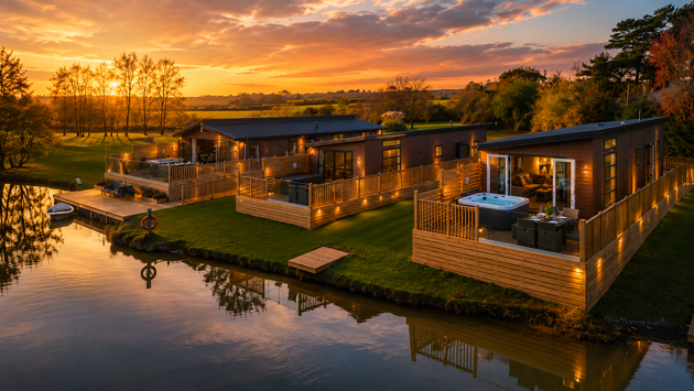 2 bedroom lodge interior with open-plan living and decking