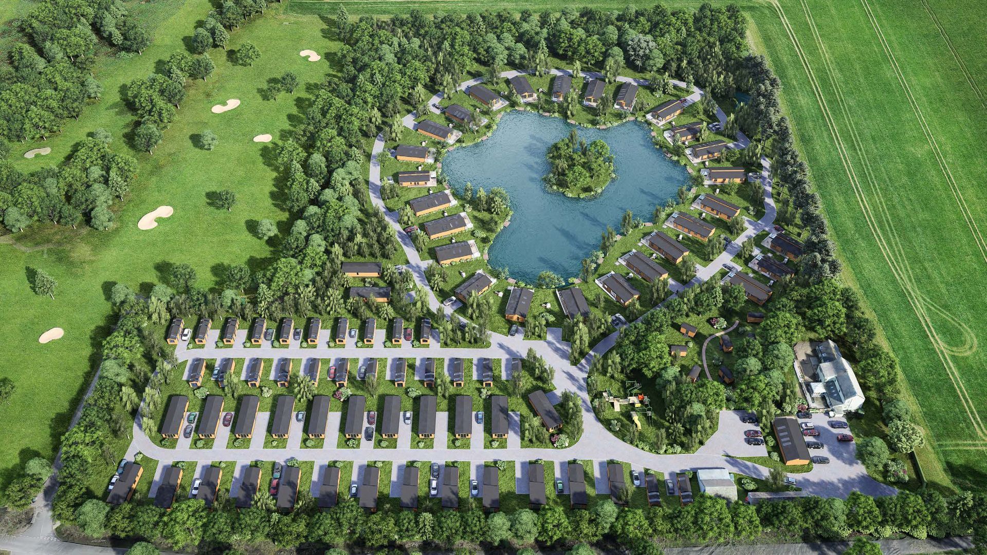 Aerial view of Noah's Retreat at golden hour, with still lake water and manicured landscaping