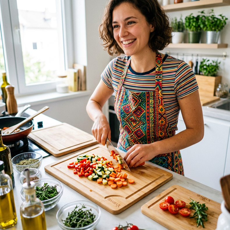 Vrouw die groenten snijdt aan het aanrecht en glimlacht in een lichte woonkeuken.