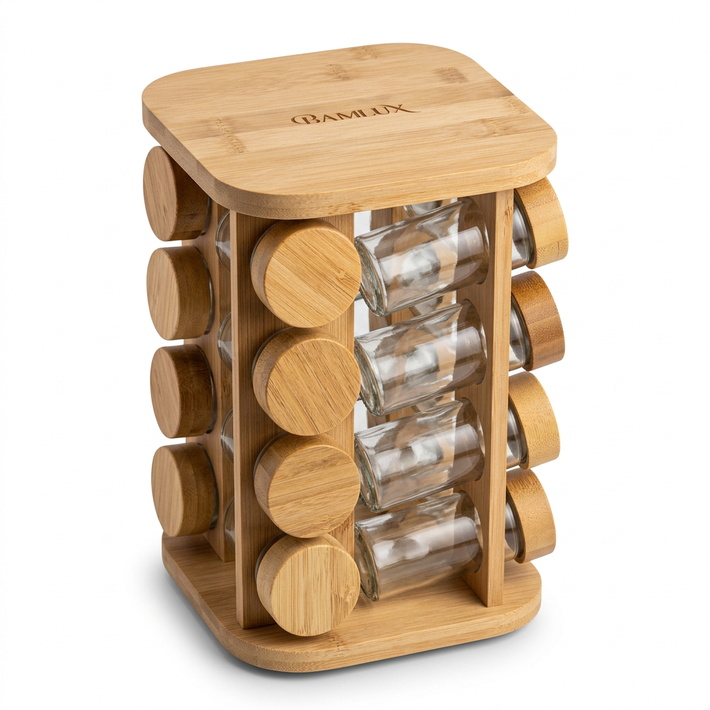 Houten theezakjeshouder met doorzichtige vakjes naast een donkergroene cadeauverpakking met touw als handvat