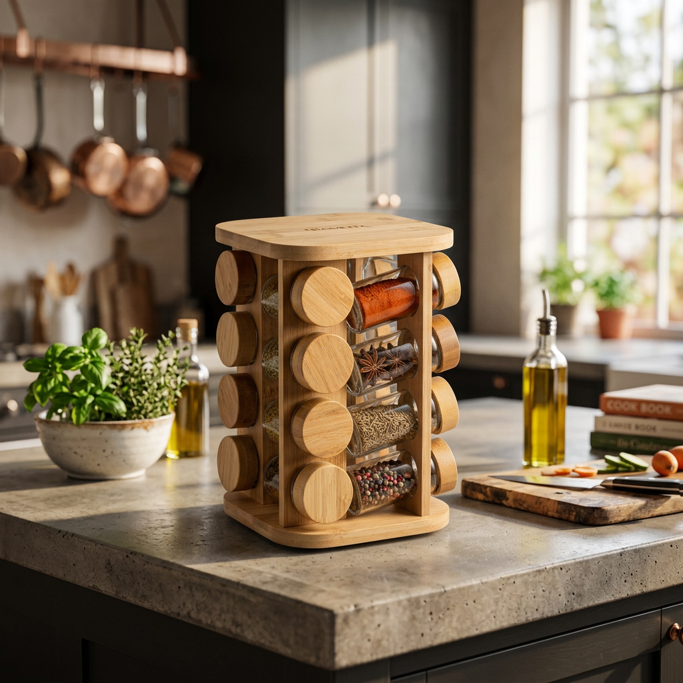 Houten kruidenrek op een kookeiland met potjes kruiden en specerijen, in een zonnige moderne keuken