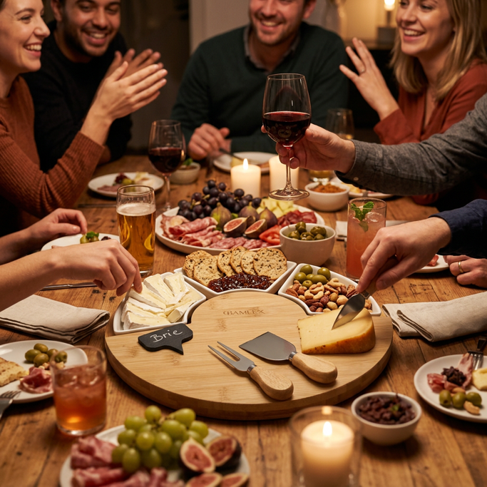 Vrienden delen een gezellige eettafel met charcuterie, kaas, wijn en kaarsen in warm licht
