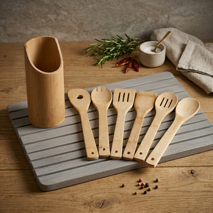 Houten keukengerei op een grijze mat naast een bamboe houder, op een rustieke tafel