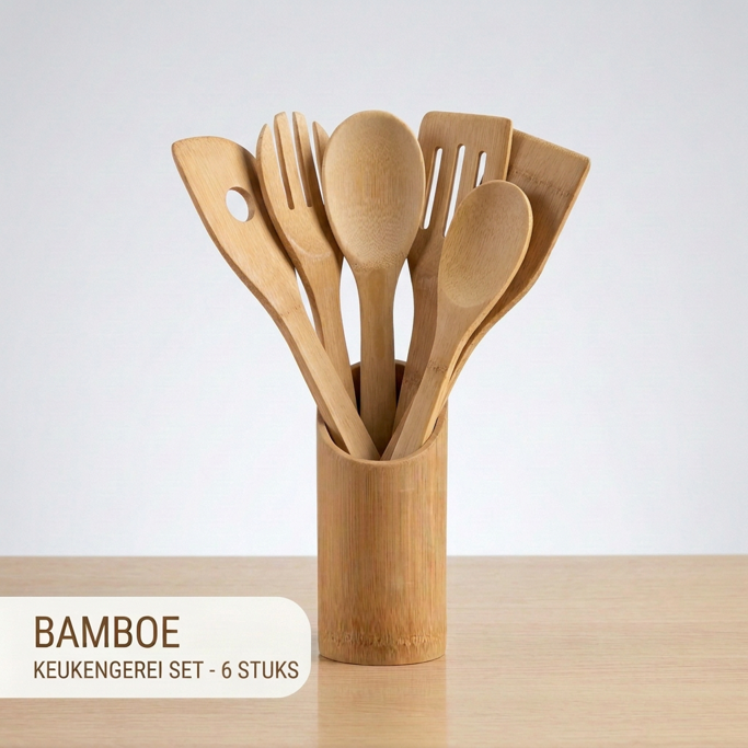 Houten keukengerei op een grijze mat naast een bamboe houder, op een rustieke tafel