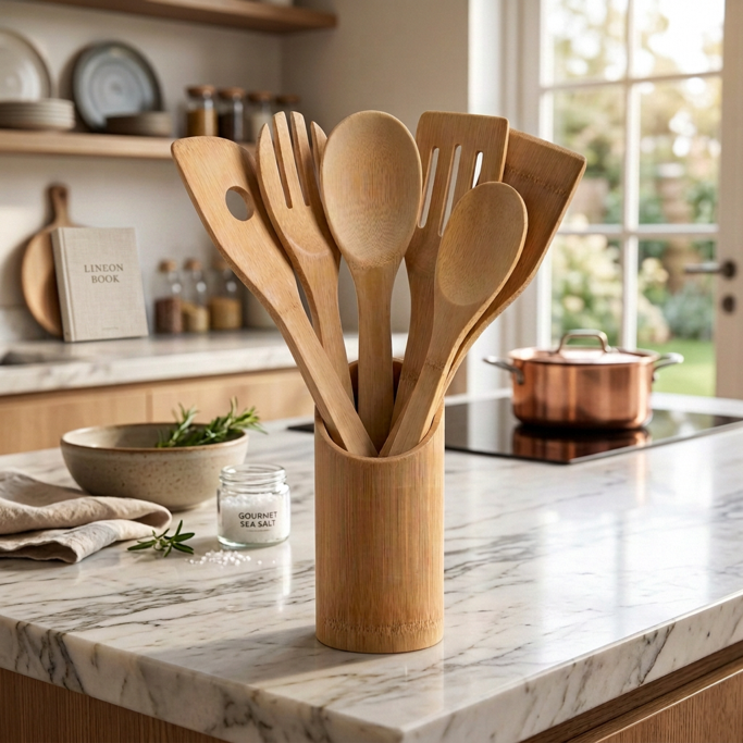 Houten keukengerei in een bamboe houder op een marmeren keukenblad, met op de achtergrond een koperen pan