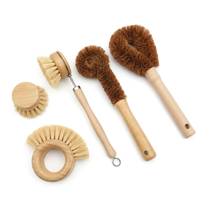 Diverse houten schoonmaakborstels en borstels met natuurlijke haren op een witte achtergrond