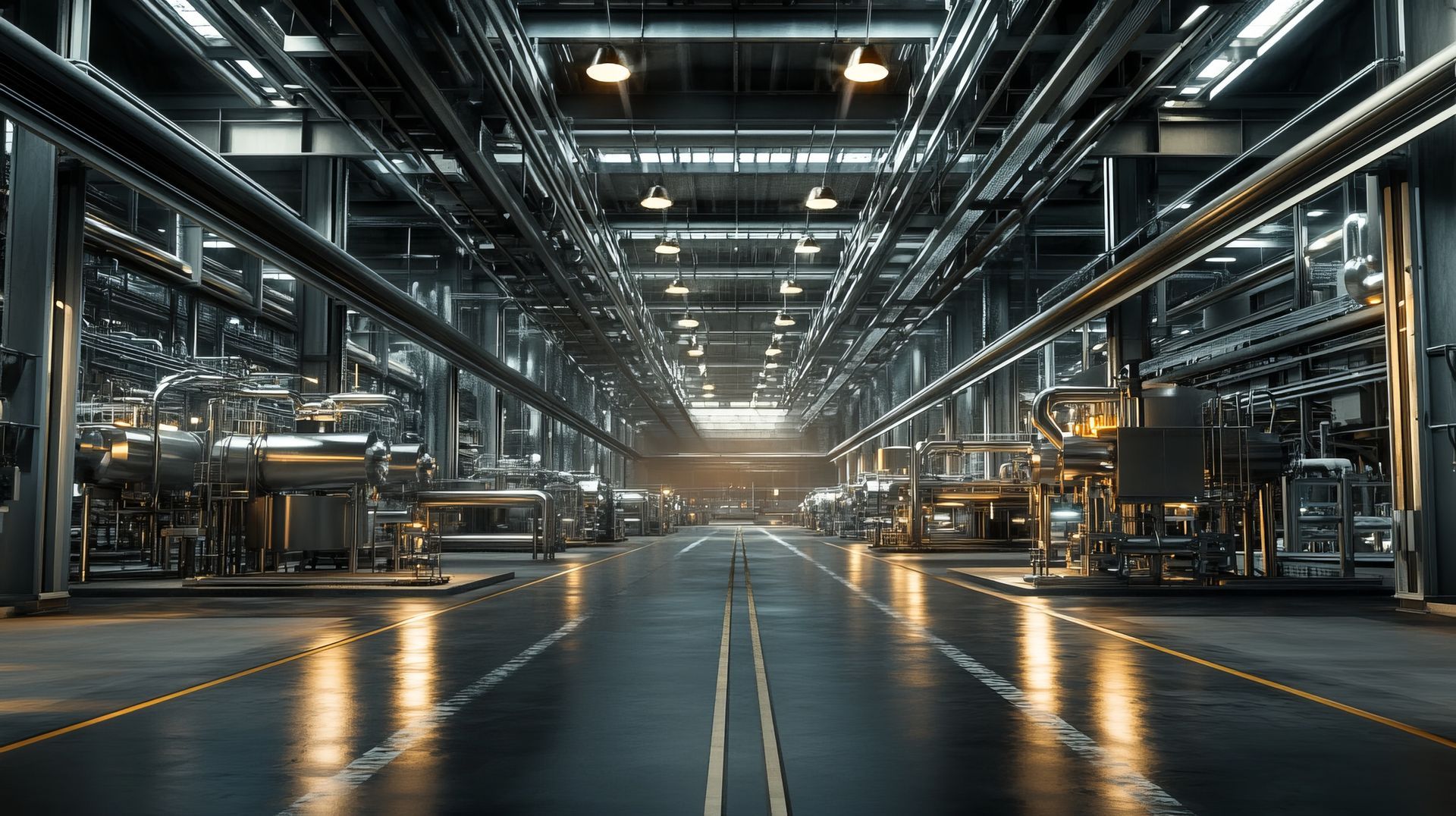 Industrial facility interior with metal machinery, pipes, and overhead lighting.