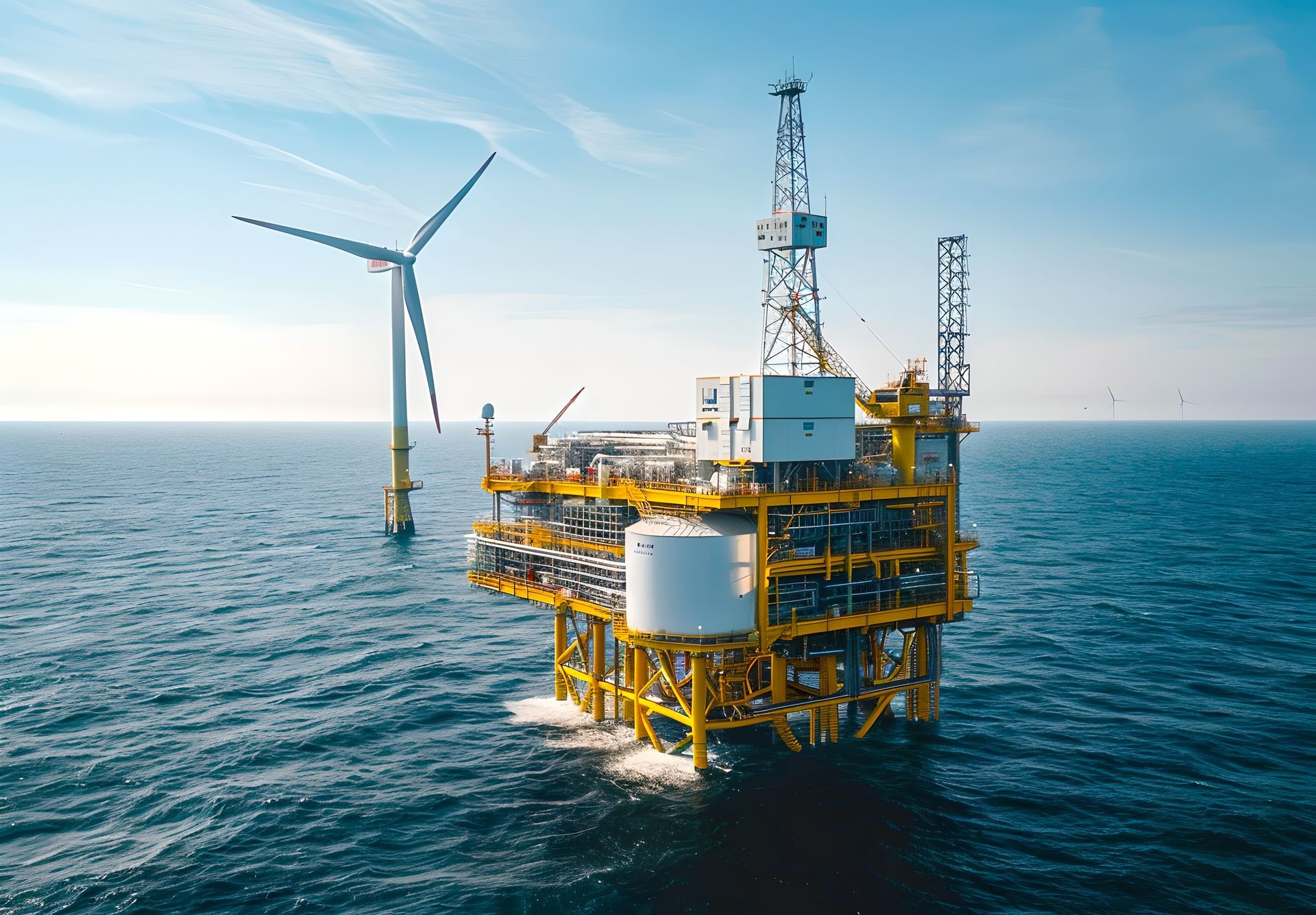 Offshore oil platform with a wind turbine in the sea.