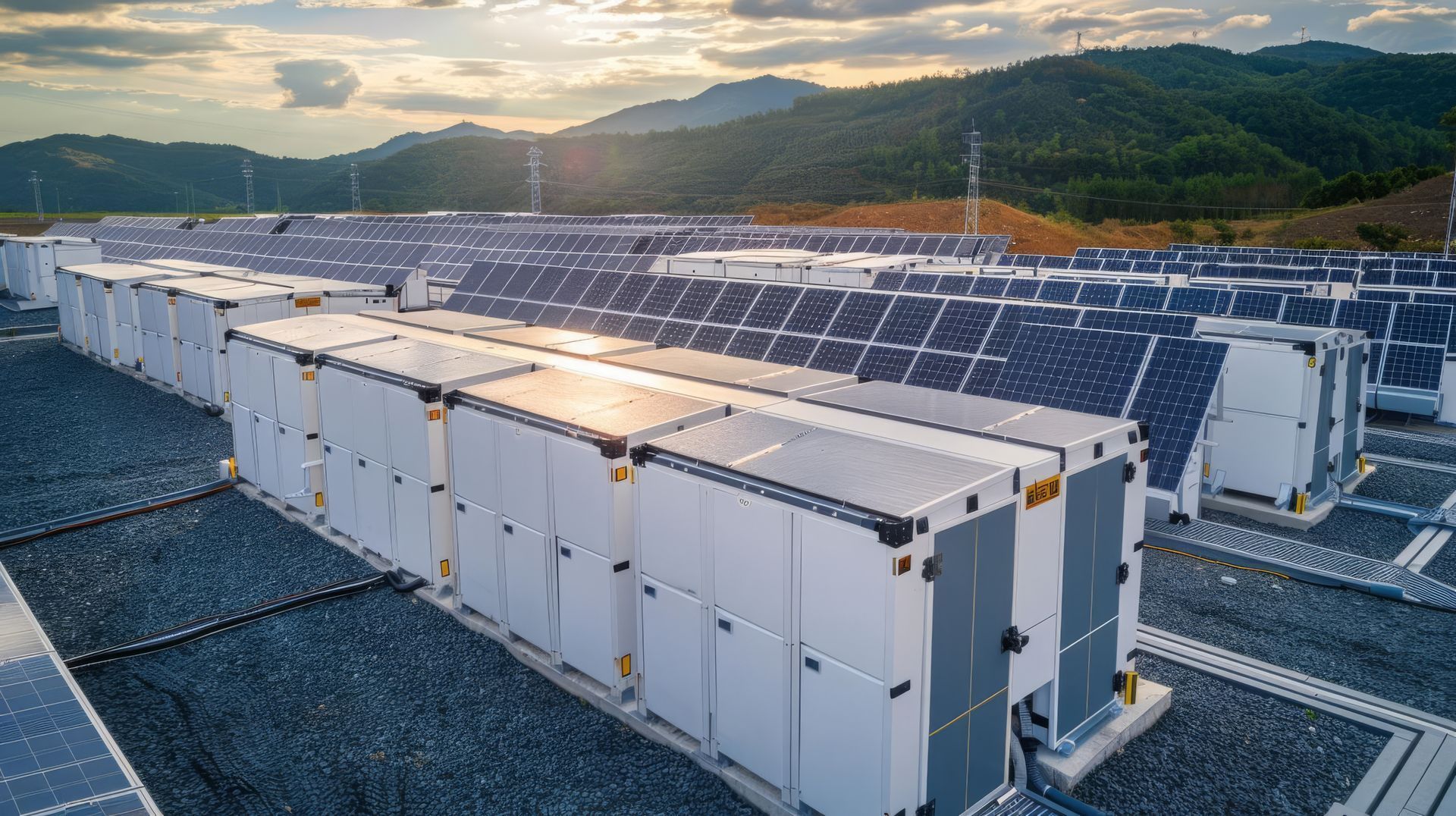 Solar panels and battery storage units at a power plant in a mountain setting.