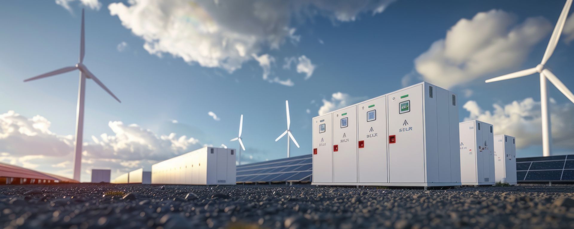 Wind turbines and energy storage containers against a cloudy blue sky.