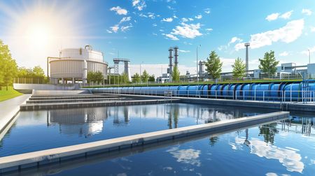Water treatment plant under a bright blue sky with reflections in the water.