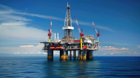 Offshore oil rig in the ocean under a blue sky with white clouds.