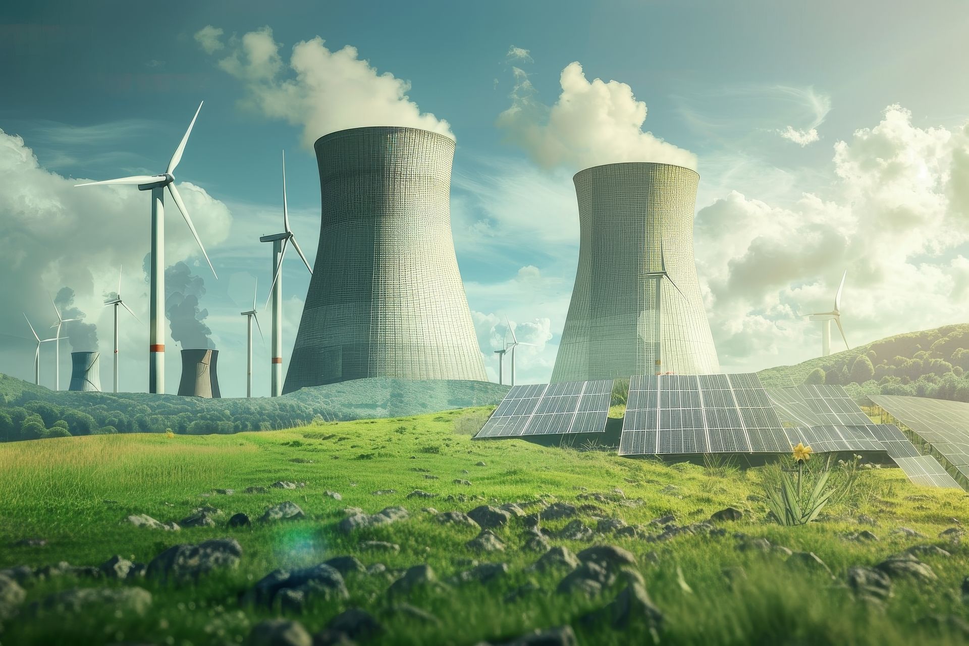 Nuclear power plant, wind turbines, and solar panels in a green landscape under a cloudy sky.