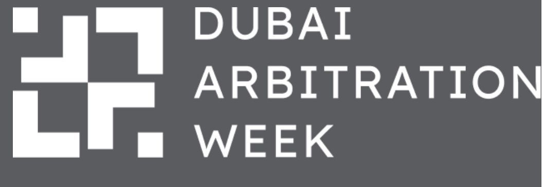 Dubai Arbitration Week logo with abstract white symbol on gray background.