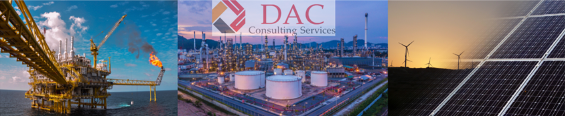 Oil rig, refinery, and solar panels; energy sources. DAC Circular Energy logo.