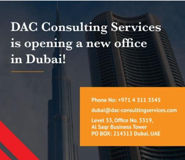 Announcement for DAC Consulting Services' new office in Dubai; featuring contact information and a building background.