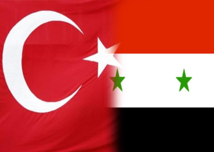 Flags of Turkey and Syria merged together. The Turkish flag is red with a crescent and star; the Syrian flag is red, white, black with 2 green stars.