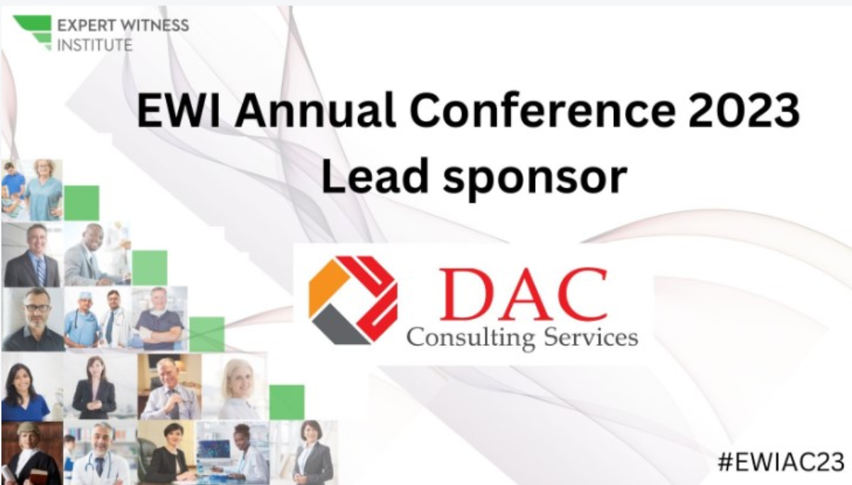 EWI Annual Conference 2023 with DAC Consulting Services logo as lead sponsor; collage of professional headshots.