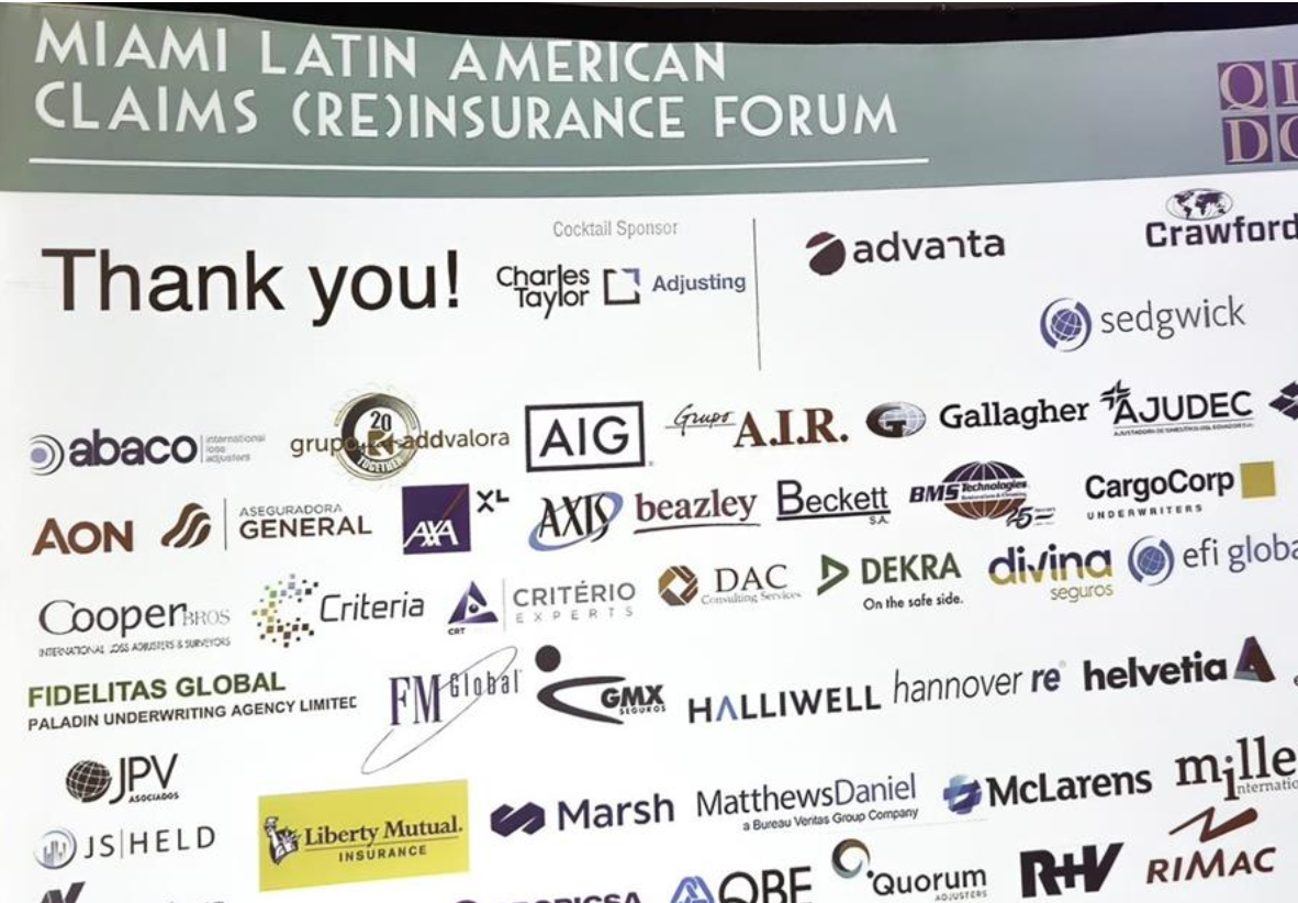 Sign for Miami Latin American Claims Forum, thanking sponsors. Many company logos.