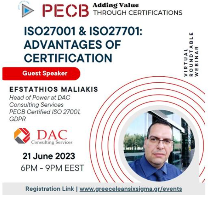Webinar announcement: ISO27001 & ISO27701 certification advantages. Featuring Efstathios Maliakis, 21 June, 6-9 PM EEST.