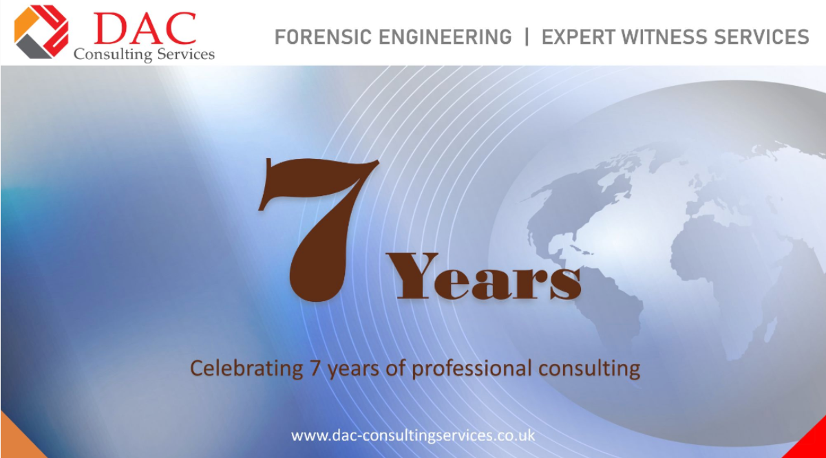 DAC Consulting Services logo celebrating 7 years. Globe graphic with text: