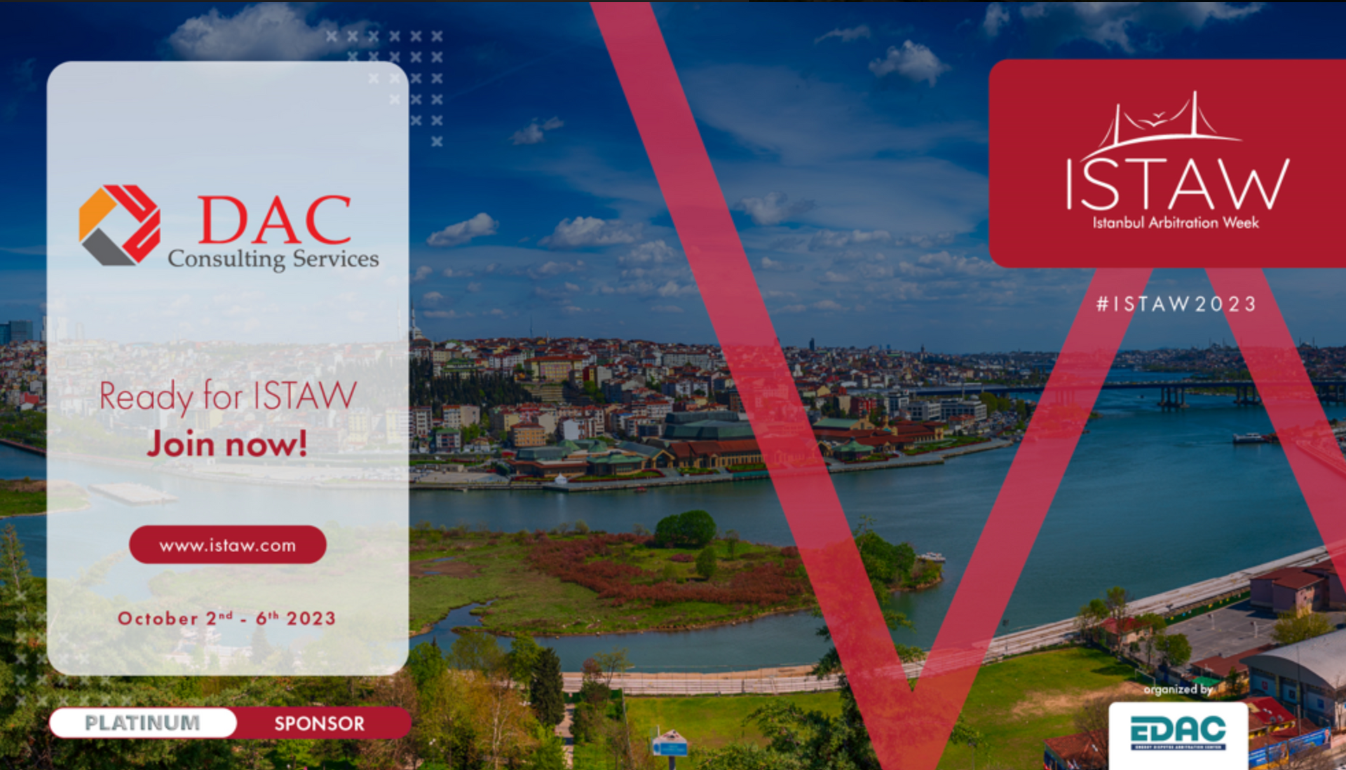 DAC Consulting Services ad for ISTAW in Istanbul, October 27-28, 2023. Scenic cityscape with sponsors’ logos.