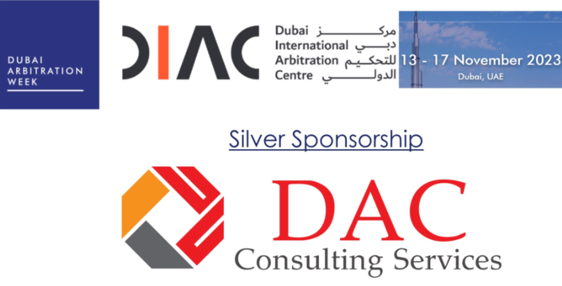 DIAC and Dubai Arbitration Week event banner, Nov 13-17, 2023. Silver Sponsor: DAC Consulting Services.