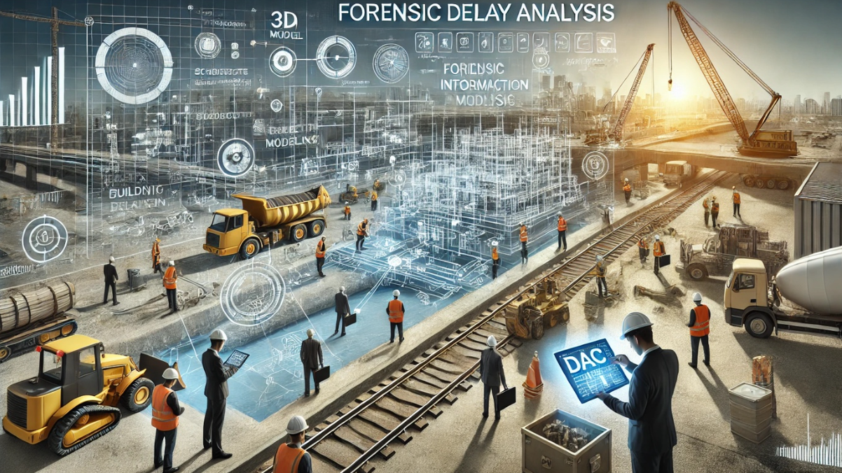 Construction site with workers, equipment, and digital overlay showing 