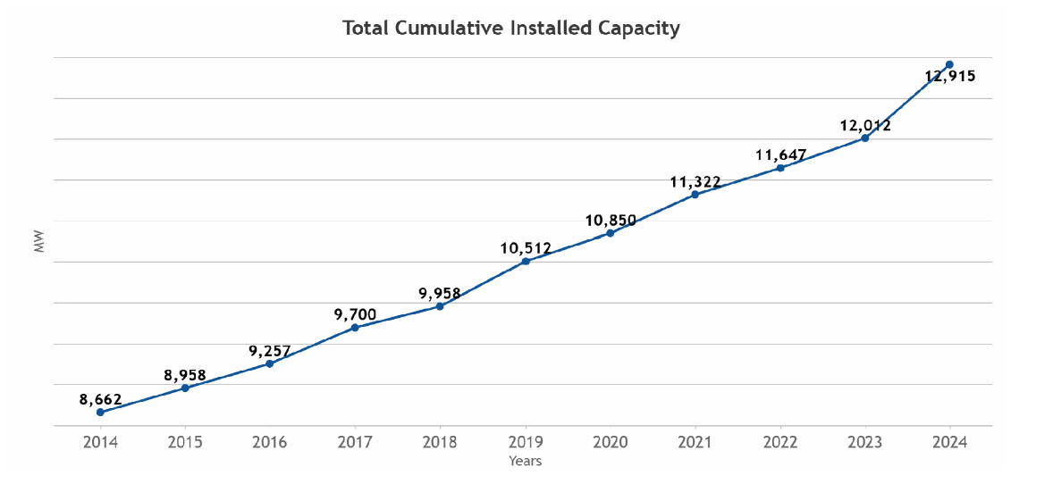 Line graph showing total cumulative installed capacity increasing from 2014 to 2024.