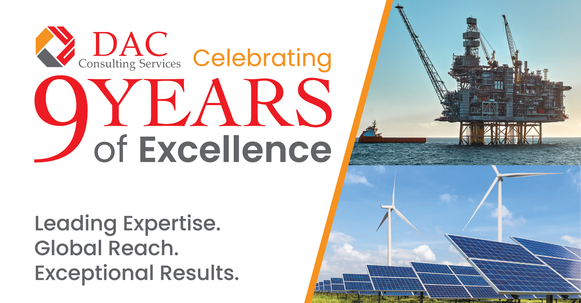 DAC Consulting Services celebrating 9 years of excellence with images of an oil rig, wind turbines, and solar panels.