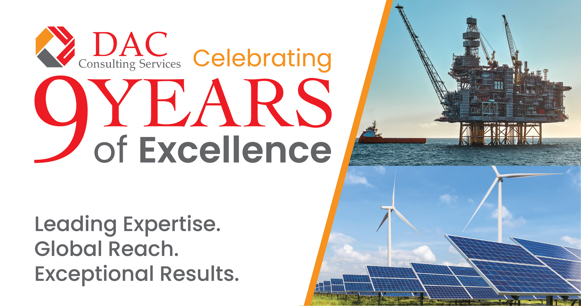 DAC Consulting Services celebrating 9 years of excellence; features offshore oil rig, wind turbines, and solar panels.