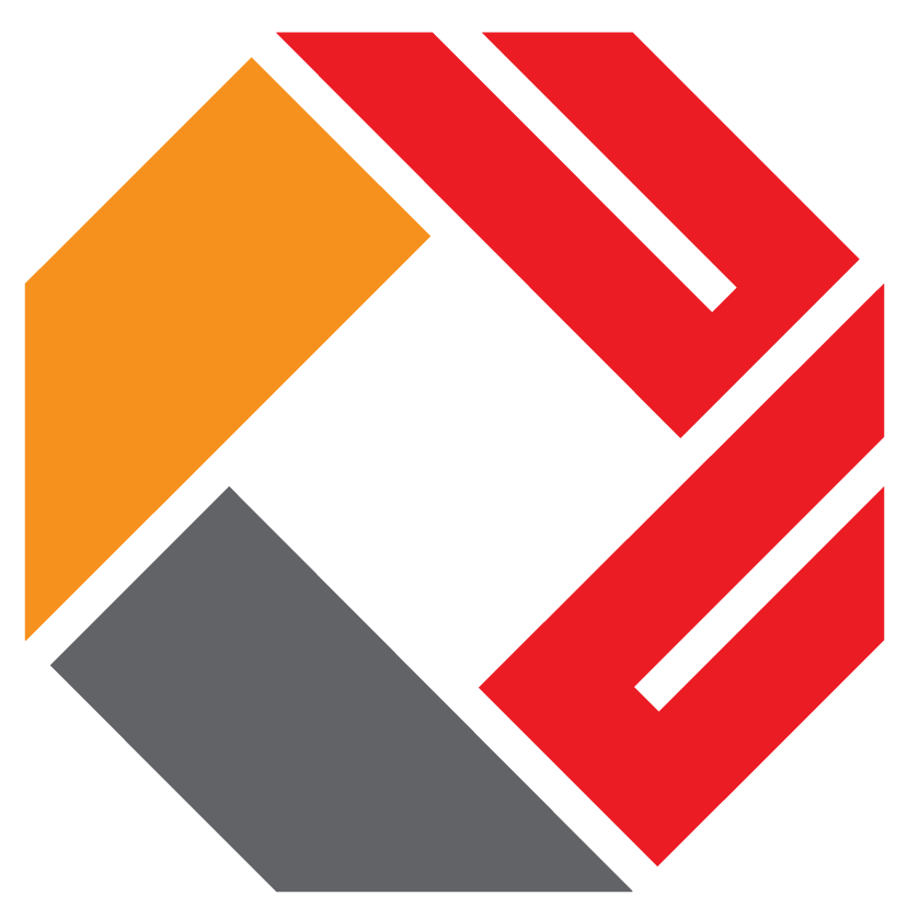 Octagonal logo: orange, red, and gray geometric shapes form a stylized letter
