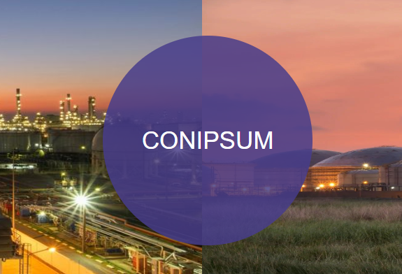 Divided image of an industrial facility at dusk; purple circle with 