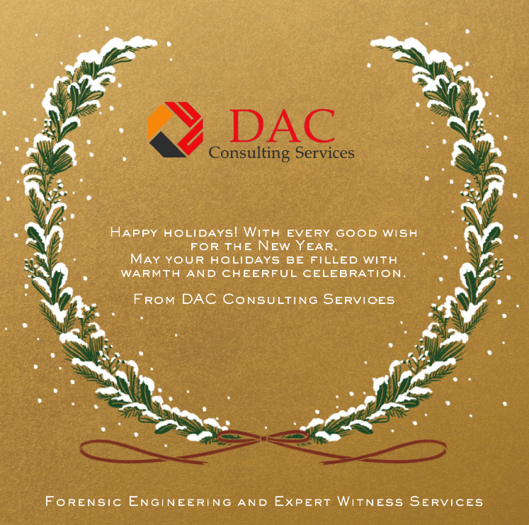 Holiday card from DAC Consulting Services with a wreath design and gold background.